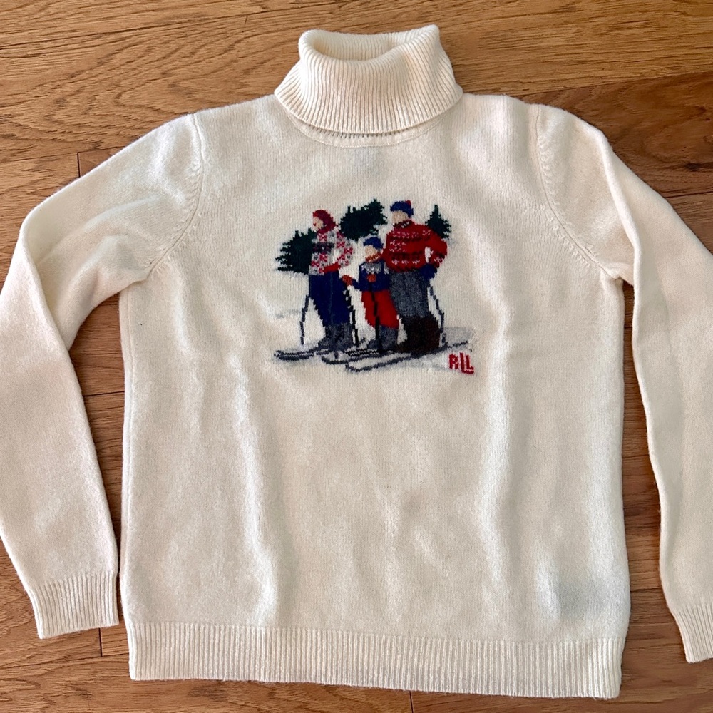 Vintage Ralph Lauren Cream Turtleneck Sweater with iconic Skiing Design